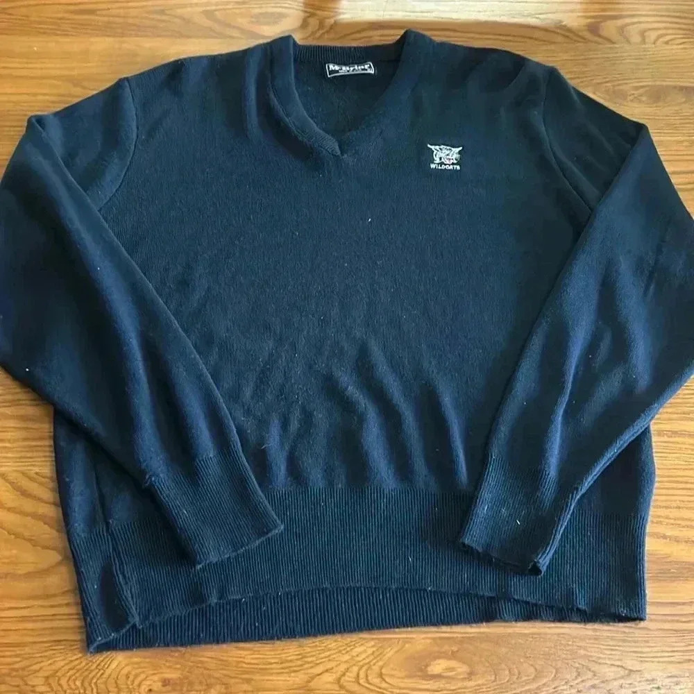 Vintage‎ 80s McBriar Navy Blue V-Neck Sweater Wildcat Embroidered Made in USA L